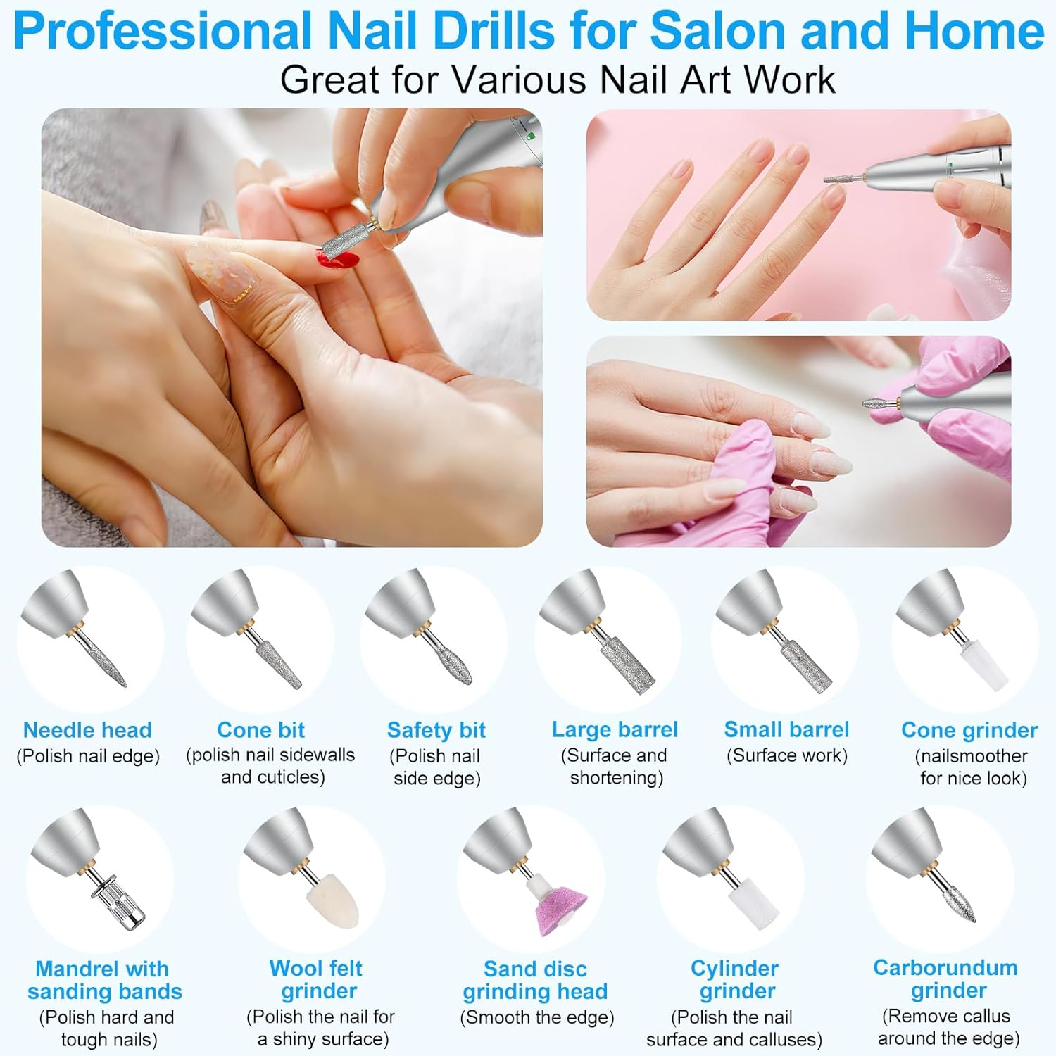 Electric Nail Drill, 35000RPM Professional Nail Drill Machine, Portable Rechargeable File Machine Set for Acrylic Gel Nails, Manicure Pedicure Tools for Home and Salon Use(White)