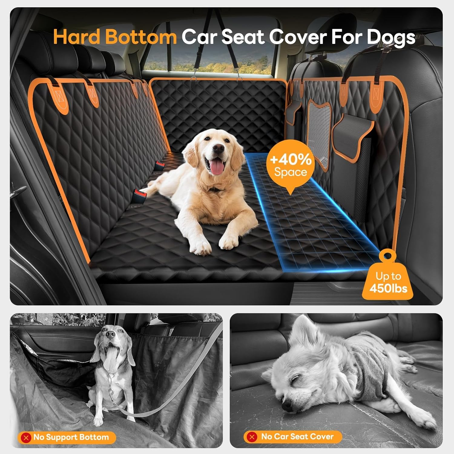 Dog Car Seat Cover - Waterproof Nonslip Car Seat Cover for Dogs - Hammock Style Dog Accessories W/Mesh Window, Scratch-Proof Seat Covers for Dogs - Universal Cars Back Seats - Black & Orange