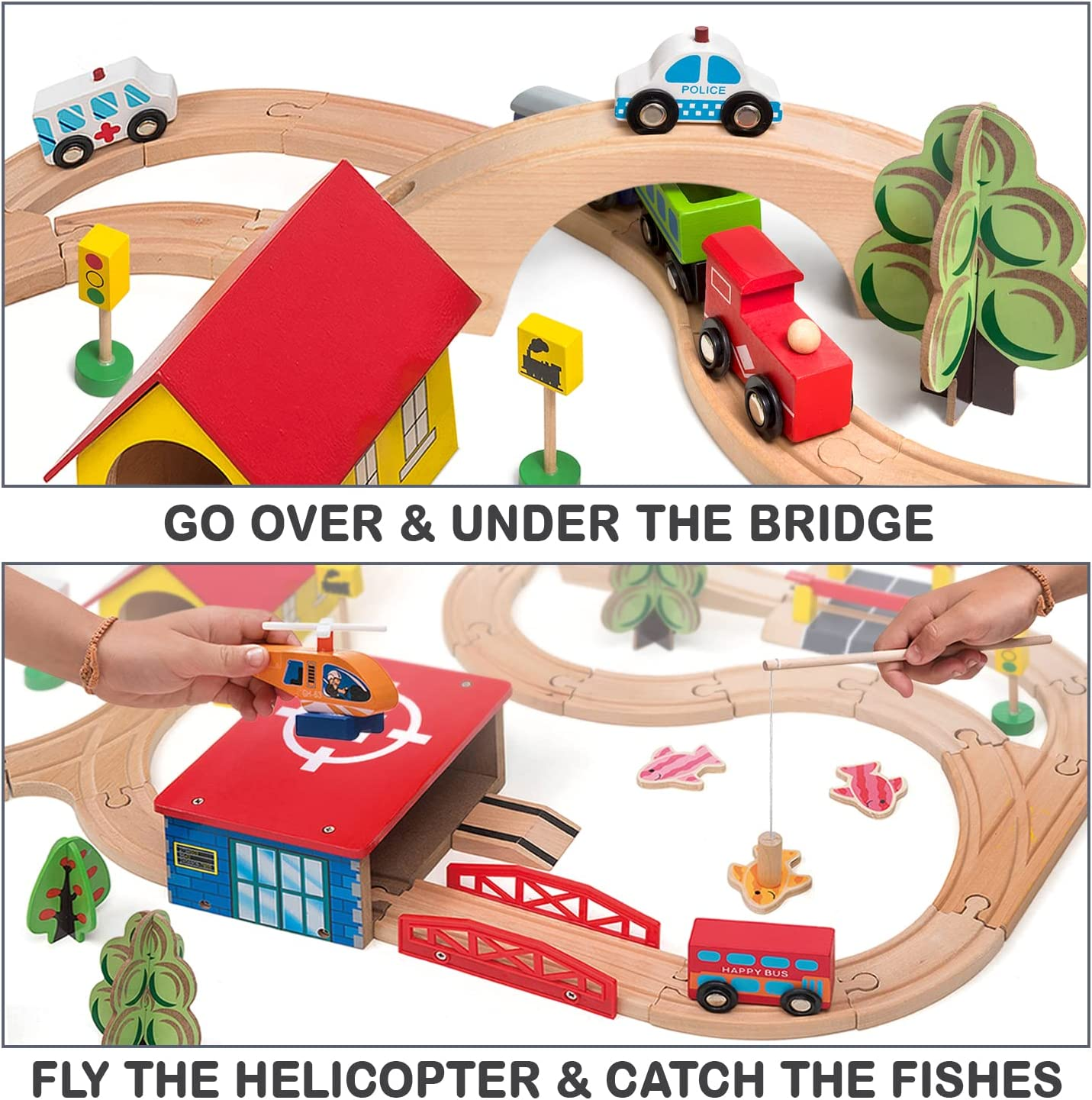 Wooden Train Tracks Set for Kids, Toddler Boys and Girls 3, 4, 5 Years Old and up - 69 Pieces &ndash; Premium Wood Construction Toys - Fits Thomas, Brio, IKEA, Imaginarium, Melissa and Doug image number 4