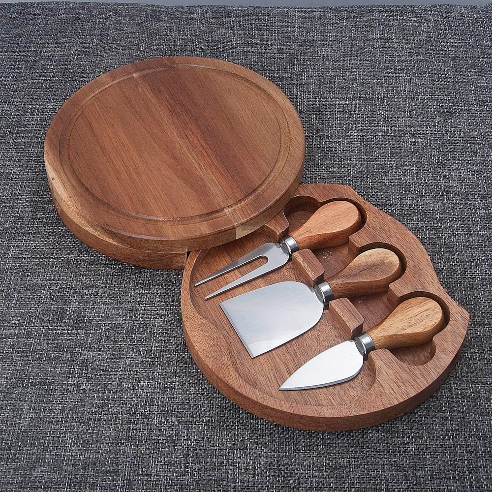 Round Slide-Out Acacia Wood Cheese Serving Board and 3 Piece Cheese Tool Set, 7.5 Inch Diameter, Ideal for Wedding Birthdays Christmas Anniversary Housewarming Kitchen Personalized Gift image number 4