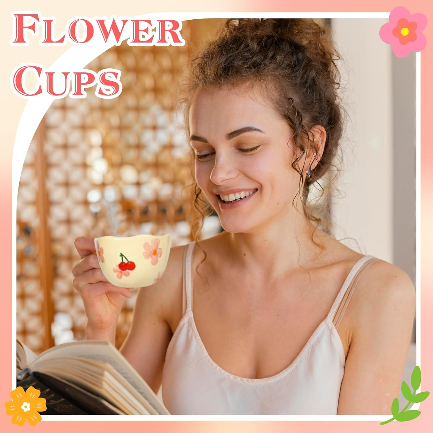 Ceramic Coffee Mug Vintage Flower Mugs 8 Oz Cute Floral Coffee Mugs Irregular Latte Art Cup Lead-Free Porcelain Cups for Cappuccino, Cocoa (2 Pcs Pink Cherry) image number 3