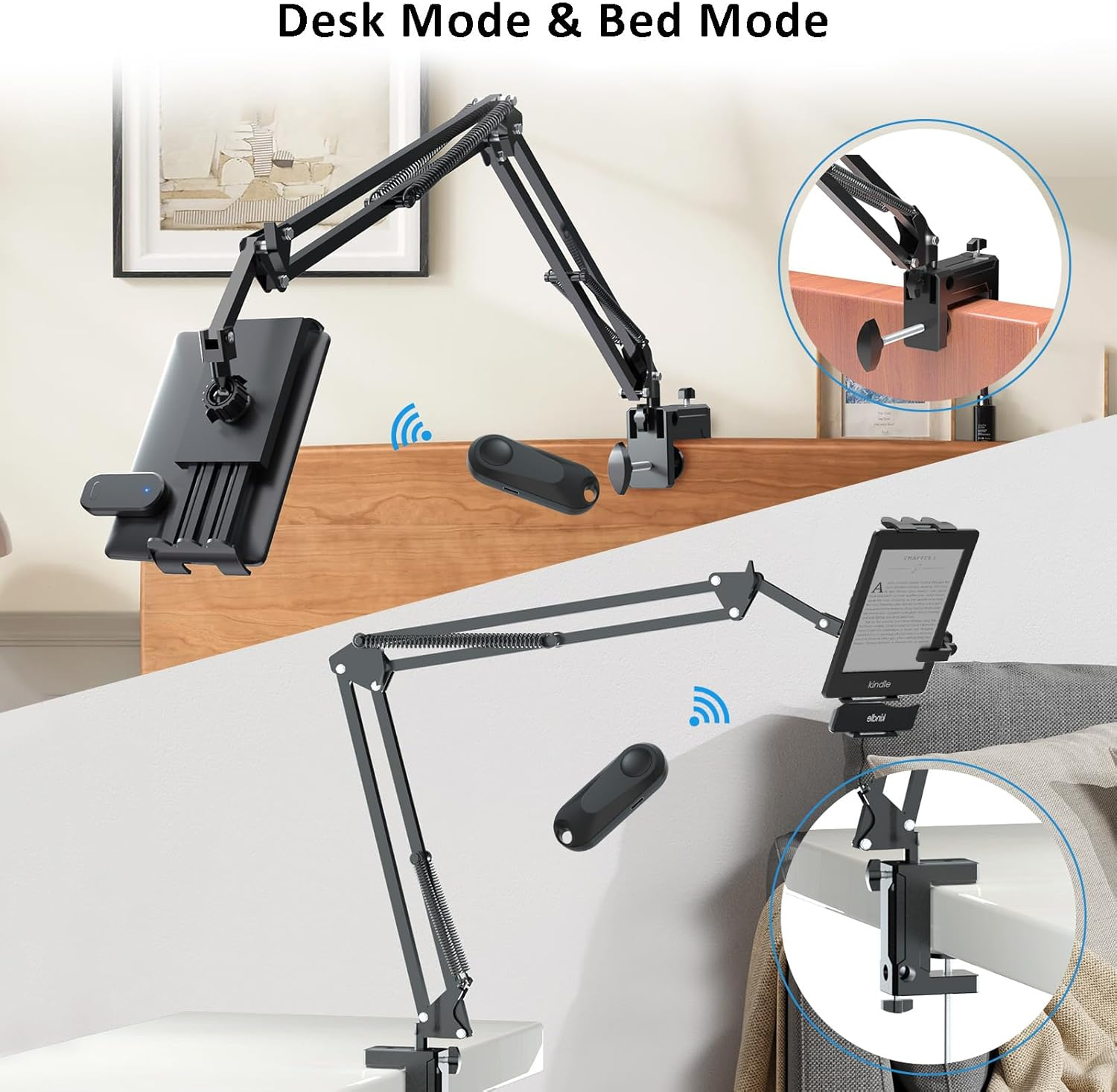 Tablet Holder for Kindle Reading in Bed with Remote Page Turner, Easy Adjust Hands Free Lazy Arm Mount for Kindle Accessories, Gifts for Readers image number 2