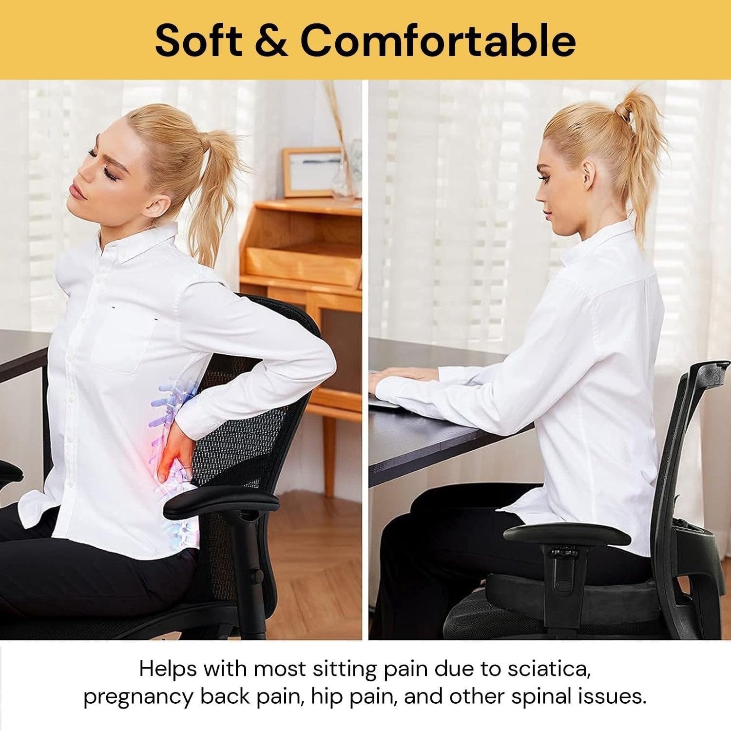 EZONEDEAL Seat Cushion, Desk Chair Cushion, Memory Foam Seat Cushion for Office Chair Cushion, Sciatica Pain Relief Car Seat Cushion for Back Coccyx Tailbone No-Slip Protects - Black image number 3
