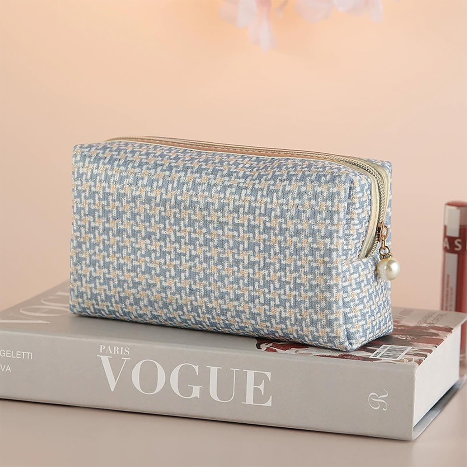 Checkered Makeup Bag for Purse Portable Zipper Make up Pouch Small Cosmetic Case for Travel Accessories(Blue) - Black image number 2