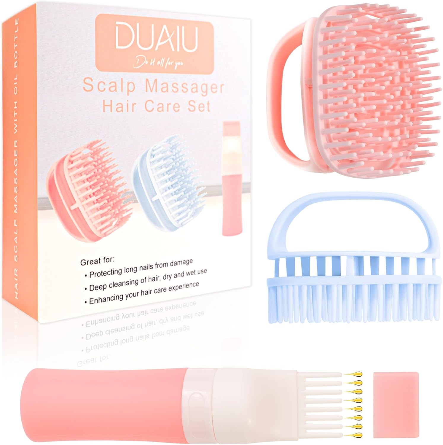 DUAIU Scalp Massage Brush with Hair Oil Applicator, 2 Pieces Silicone Head Massage Brush and 1 Piece Hair Oil Applicator, Massage Brush Hair Applicator Bottle Hair Kit Hair Growth Accelerate