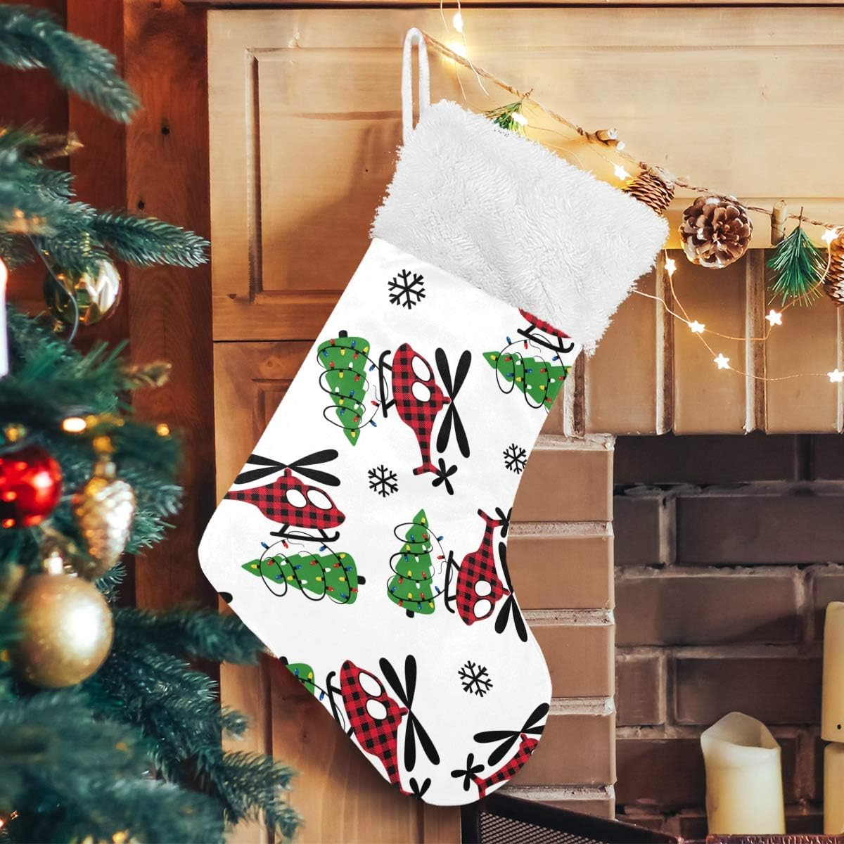 Eionryn Buffalo Plaid Christmas Helicopter Christmas Stockings Winter Snowflakes Xmas Tree Classic Personalized Large Stockings Xmas Character for Family Holiday Christmas Party Decorations 1 Pc 18 I image number 1