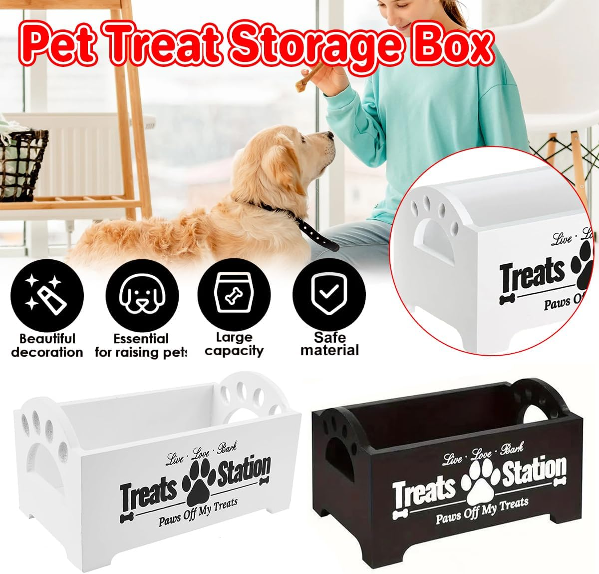 AIMALL Cat and Dog Treat Storage Box, Decorative Paw Design, Durable Wood Organizer for Pet Food and Toy Sorting - Black or White, 9In(L) X 5.1In(W) X 4.9In(H) - White image number 6