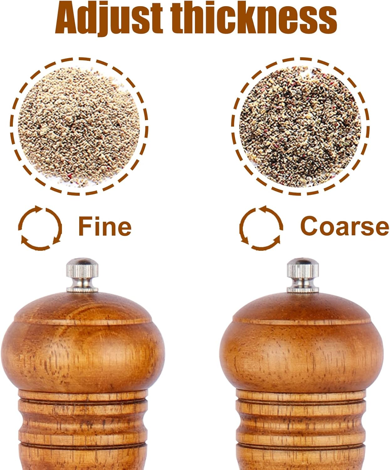 Wood Pepper Grinder Pepper Mill,Adjustable Coarseness 8 Inch Wooden Peppermill, Ceramic Grinding Mechanism Salt Mill Refillable (2 Pack) image number 3