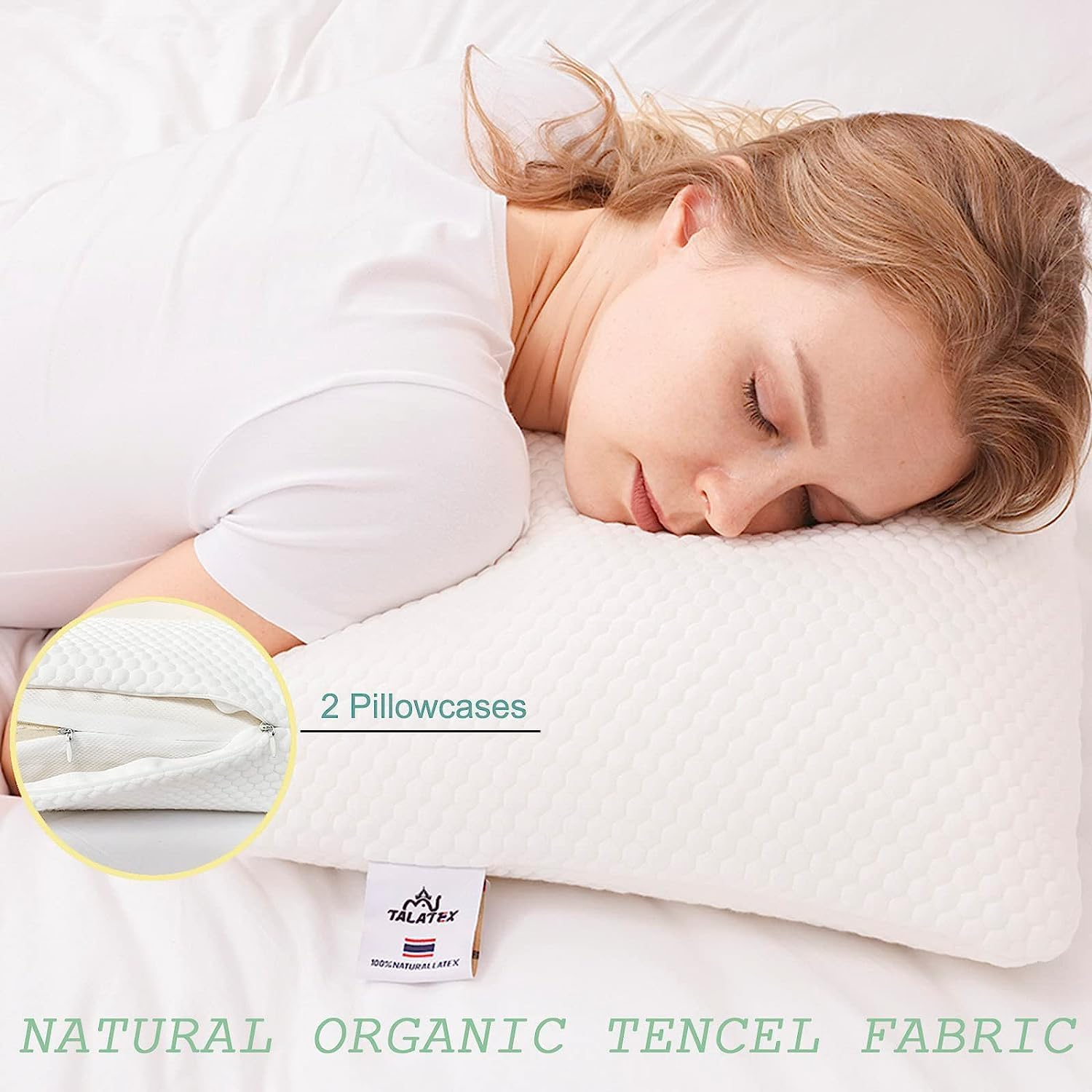 Talalay 100% Natural Premium Latex Pillow, No Memory Foam Chemicals, Resistant to Sagging, Perfect Package Best Gift with Removable Tencel Cover image number 2