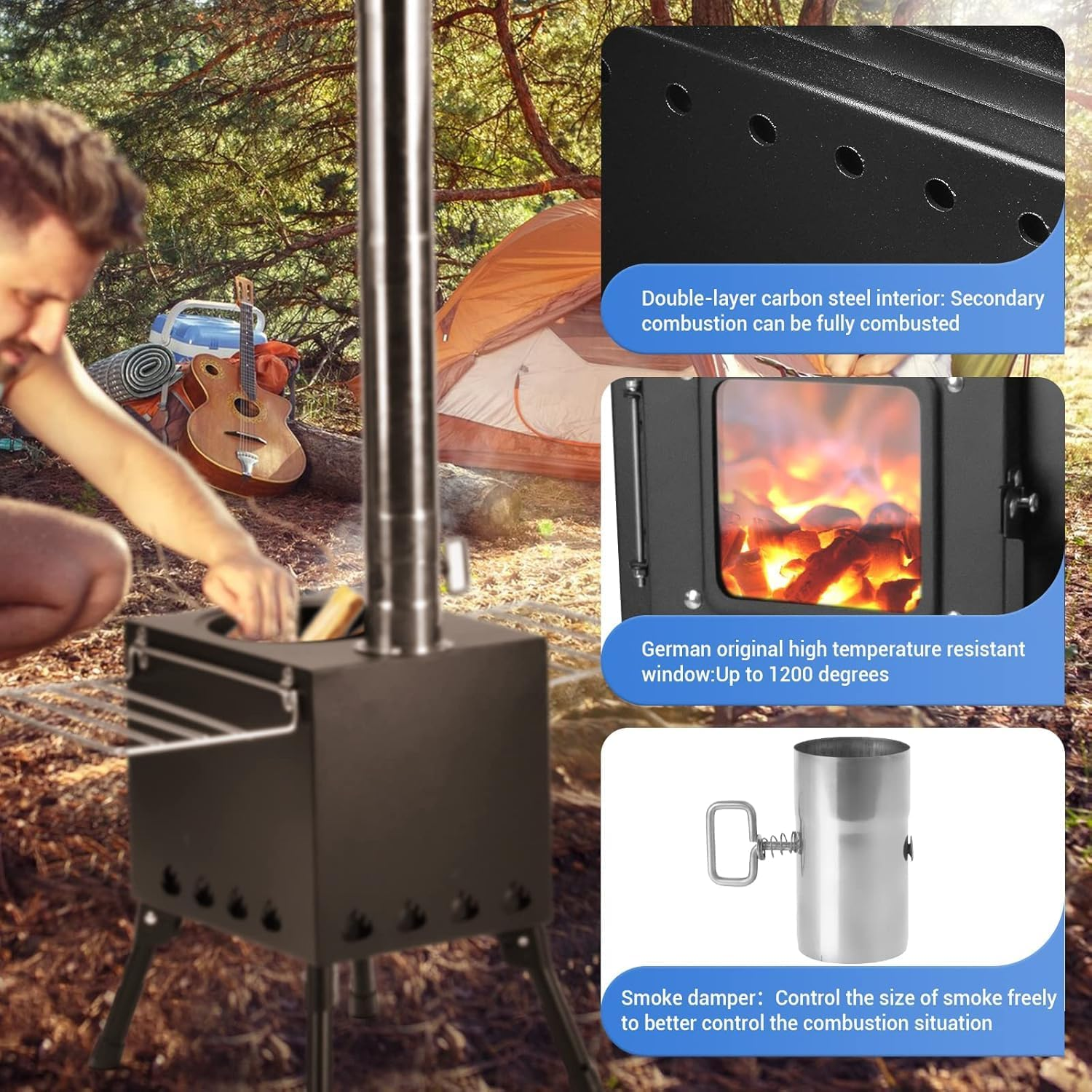APEXORIGIN Wood Burning Stove, Hot Tent Stove with Chimney Pipes, Portable High-Quality Carbon Steel Camping Stove with Anti-Spark, Double-Layer and Adjustment Pipe (Black) image number 5