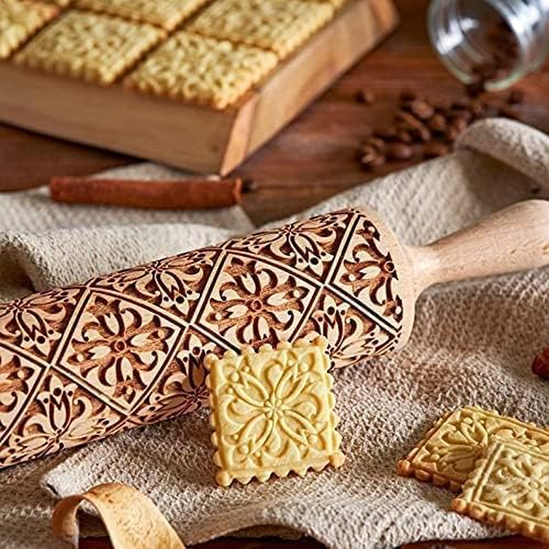 Christmas Wooden Rolling Pin for Baking Engraved Embossing Rolling Pin Cookie Stamps Roller Square Grid Cookies Mold Kitchen Decor Tools for Baking Embossed Cookies (Flower Window) image number 1