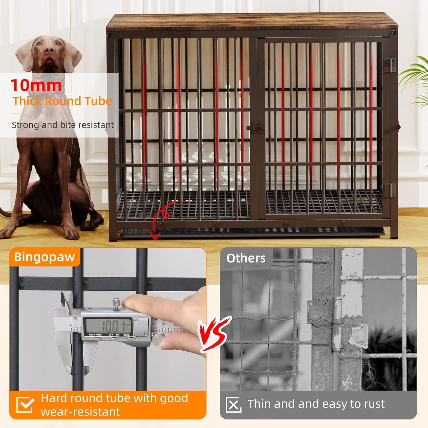 Bingopaw Wooden Dog Crate Indoor: 42Inch Furniture Style Extra Large Pet Cage Pet Kennel End Table with Three Doors and Removable Tray for Large Dogs Black image number 3