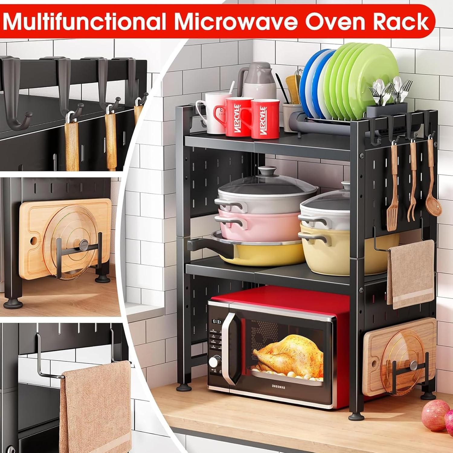 3-Tier Microwave Oven Rack, Adjustable Microwave Shelf Organizer with Hooks, Metal Kitchen Countertop Microwave Storage Expandable Stand, Black image number 2