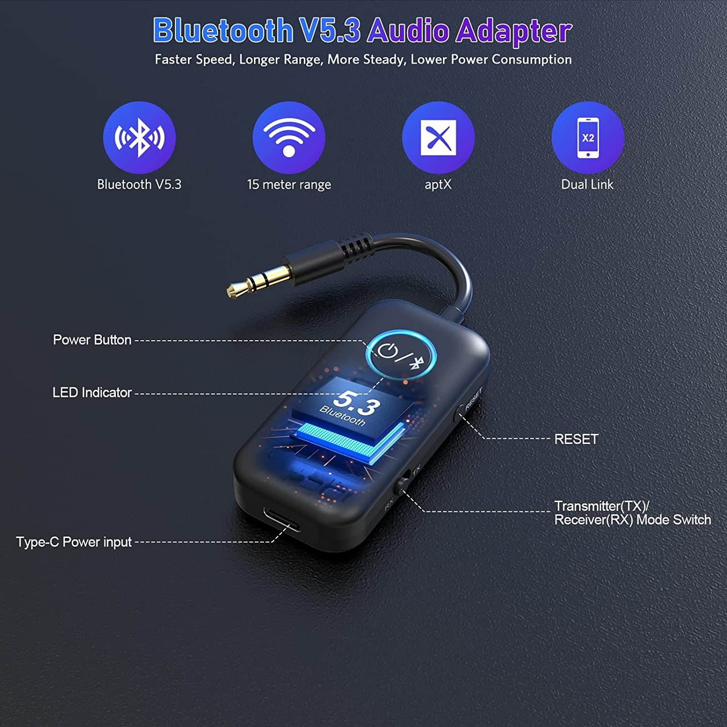 YMOO Bluetooth 5.3 Transmitter Receiver for TV to 2 Wireless Headphones, Aptx Low Latency Wireless Audio Adapter with AUX 3.5Mm Jack for Airplane,Smartphone, Tablet, Speaker, Home Stereo, PC, Car image number 1