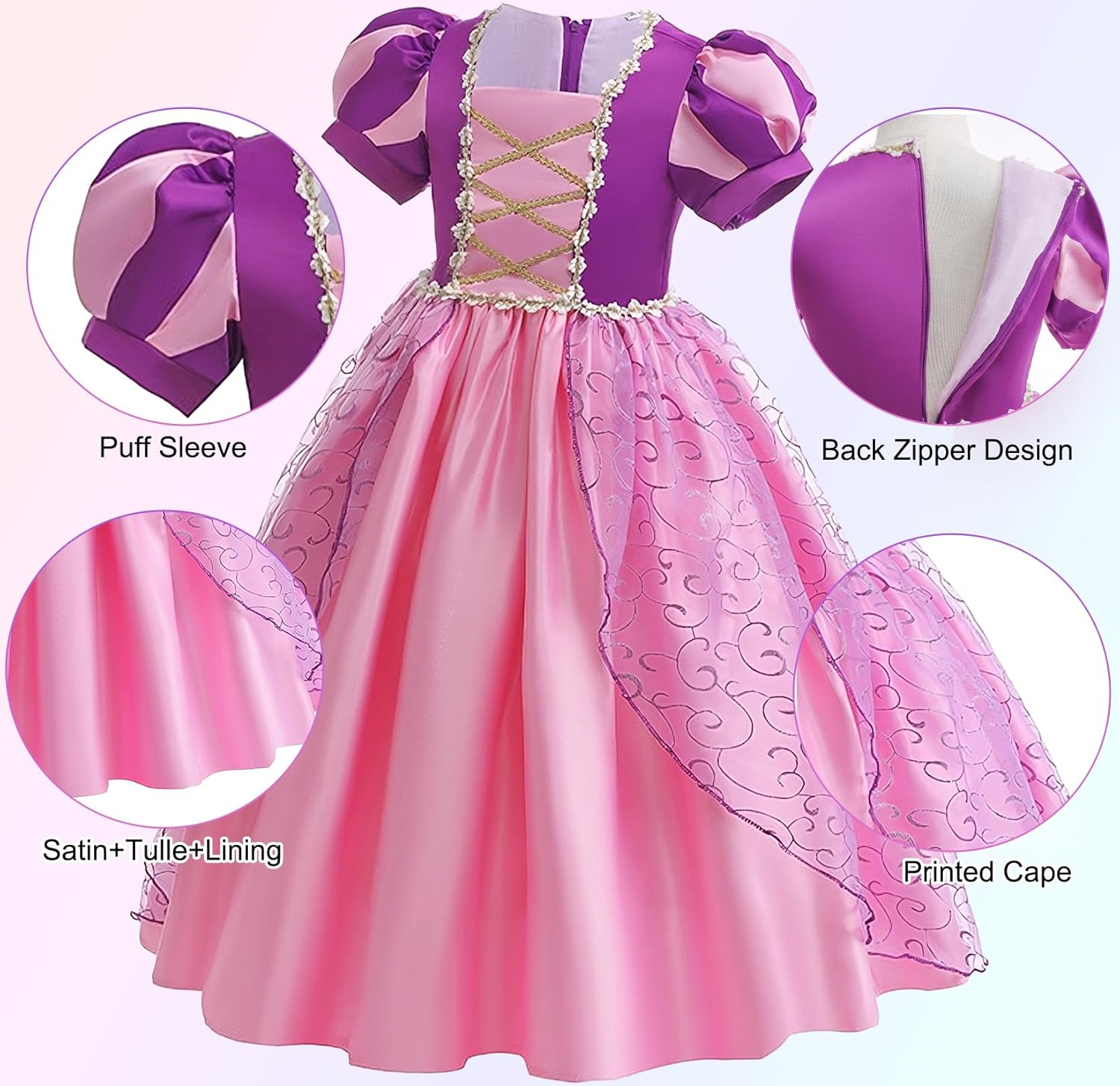 G.C Girls Rapunzel Dress Princess Dress up Costume Toddler Puff Sleeve Dresses Wig Crown Wand Jewelry Cosplay Clothes image number 5