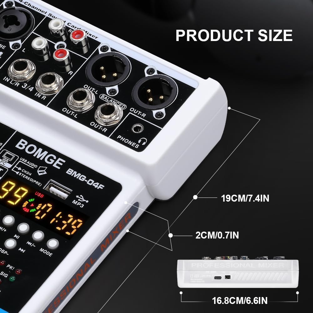 BOMGE 4 Channel Mini DJ Audio Sound Mixer Interface with MP3、 USB, Bluetooth, Stereo Recording, 48V Phantom Power, 24 DSP for Karaoke, Performance, Church Singing 、 Podcas Streaming- White image number 3
