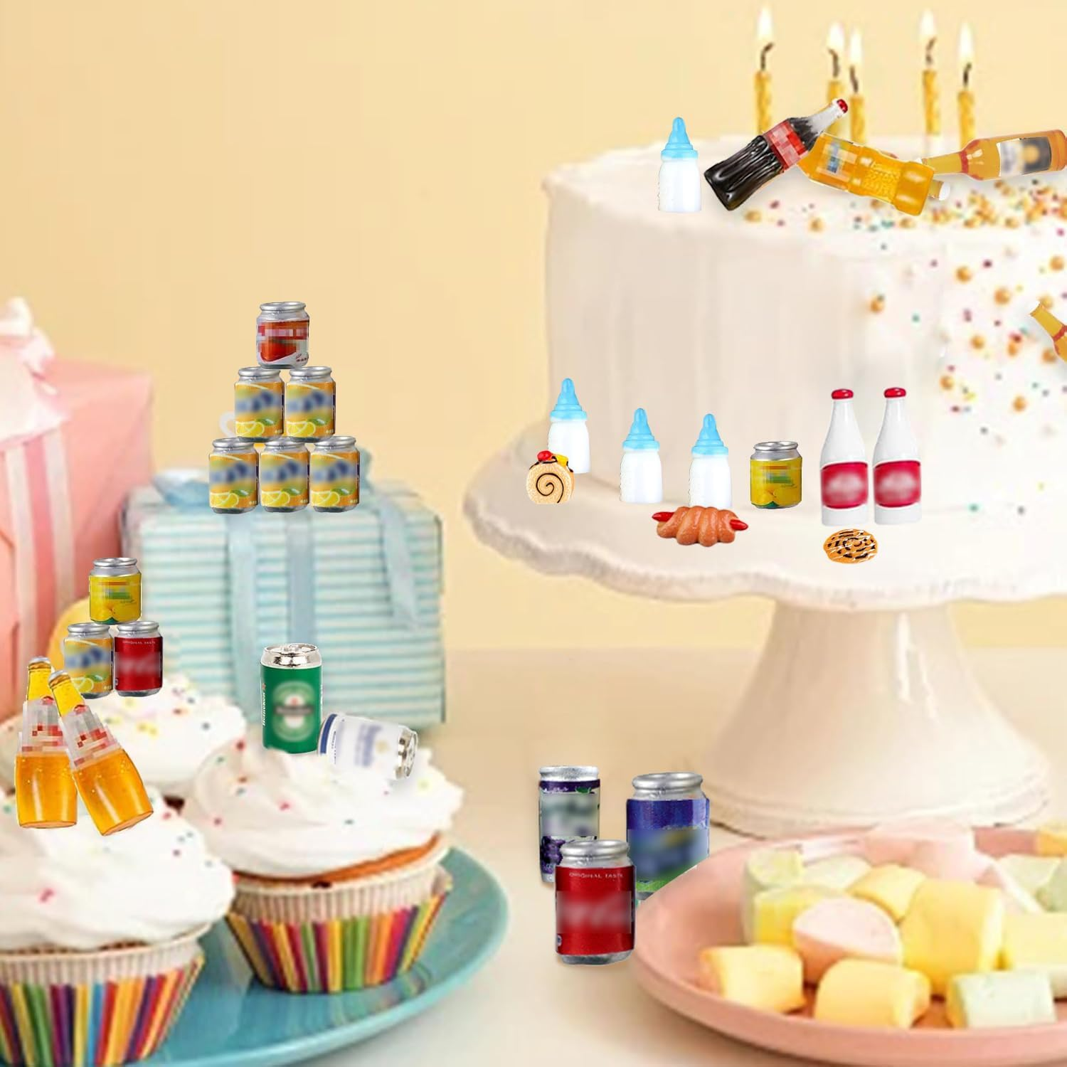 150Pieces Miniature Food Drink Bottles Adults Dollhouse,Soda Pop Cans Pretend Play Kitchen Cooking Game Party Accessories,Toy Hamburger Cake Ice Cream Tableware Doll House Landscape Party image number 4