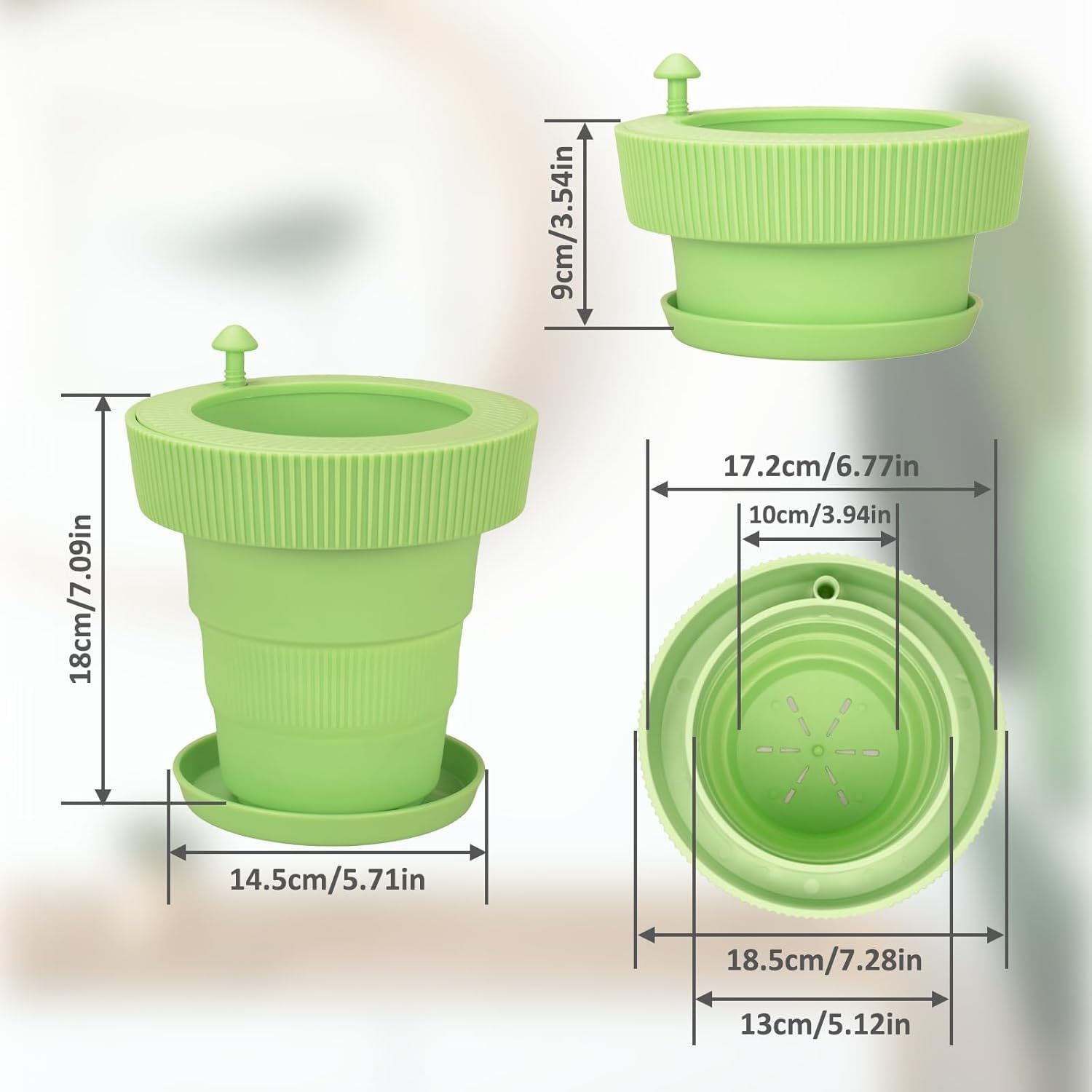 Self-Watering Indoor Plant Pots &ndash; Foldable Silicone Flower Pots with Drainage Holes and Saucers, Ideal for Home and Office Decor (Green) image number 6