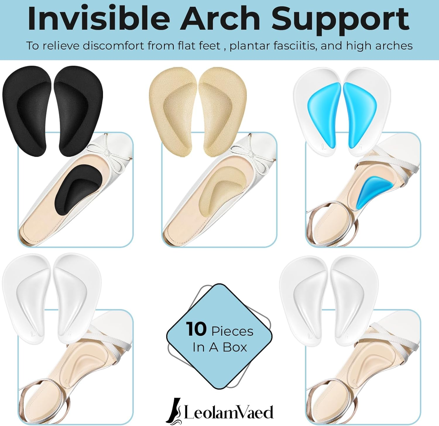 Reusable Arch Support Inserts for Plantar Fasciitis Relief, Self-Adhesive Arch Support Insoles for Flat Feet, Thicken Gel Foot Arch Support Insoles for Women and Men to Relieve Feet Pressure- 5 Pairs image number 3