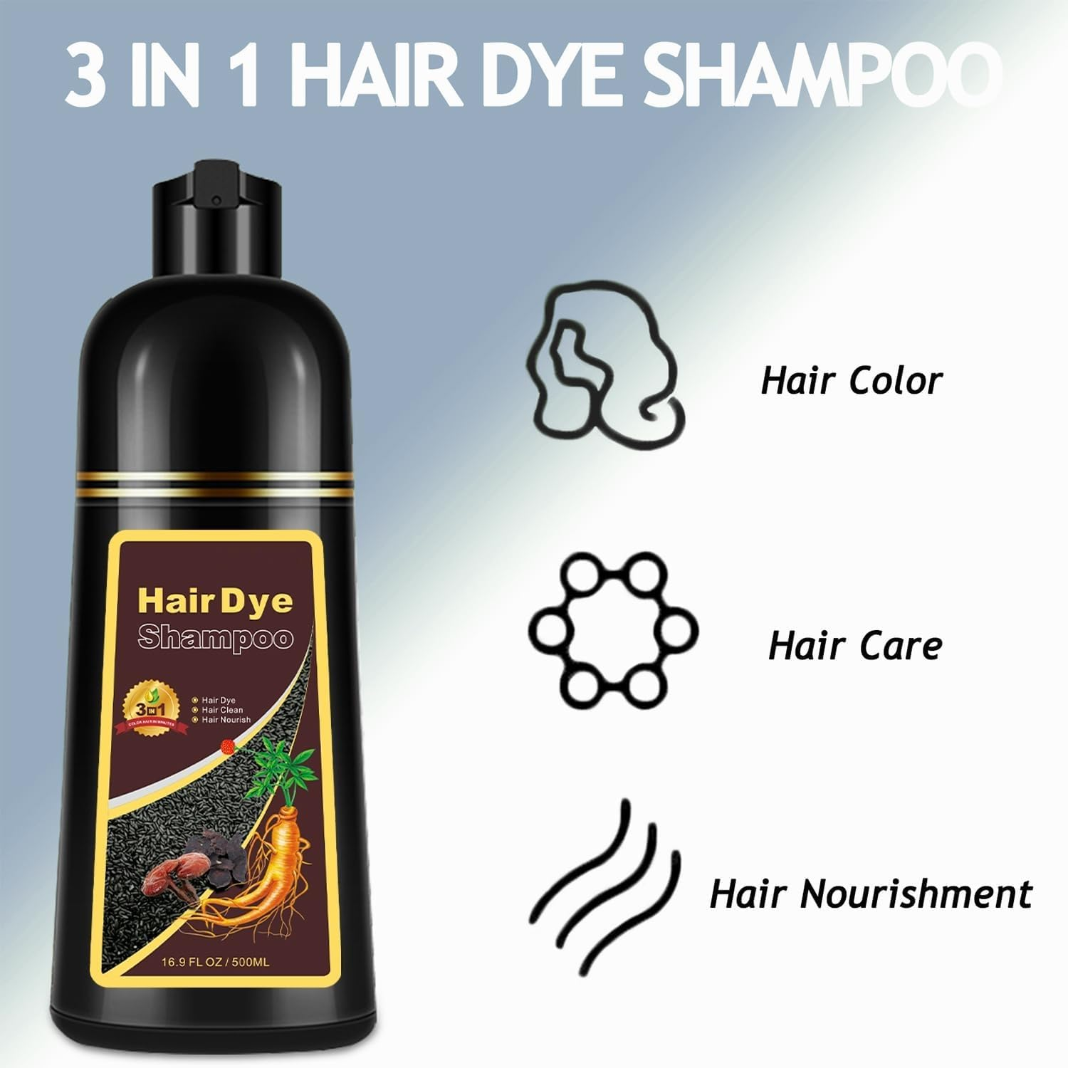 Hair Dye Shampoo, 500ML Black Hair Dye 3 in 1, Instant Hair Colour Shampoo Black Hair Shampoo-Long Lasting - Hair Dye Hair Color Shampoo Coloring in Minutes for Women Men (Dark Brown, 500ML) image number 5