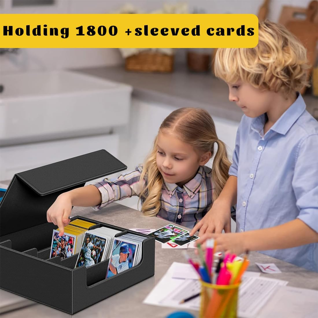 PU Leather Card Deck Case for Trading Cards, Magnetic Closure 1800+ Card Storage Box, Commander Card Holder Suitable for Magic Game Cards (Black&Grey) image number 2