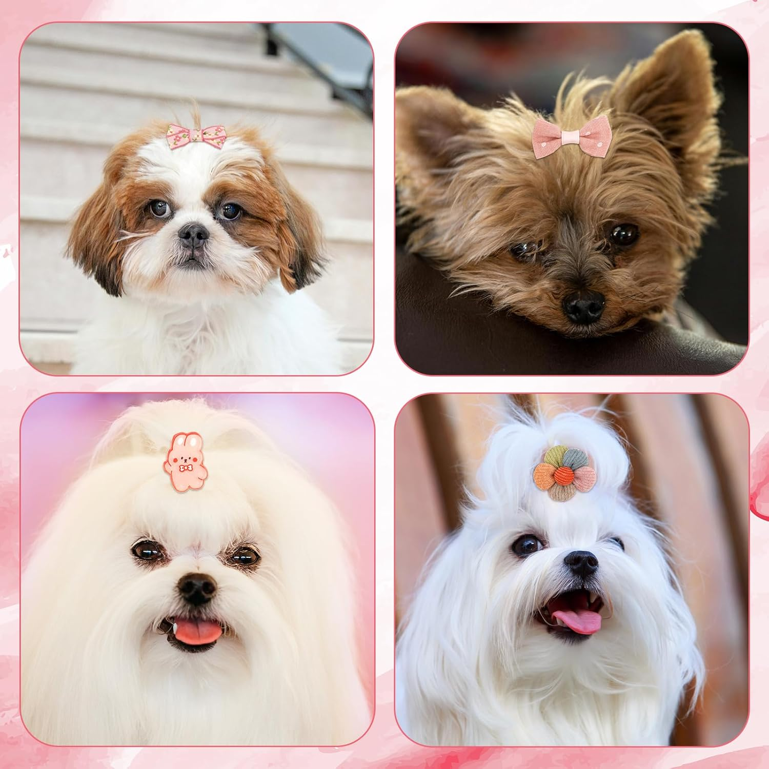 18Pcs Dog Hair Bows with Rubber Bands, Pink Small Dog Hair Bows Cute Puppy Bows Dog Hair Ties Flower Ball Bunny Bowknot Dog Hair Accessories Pet Hair Bows