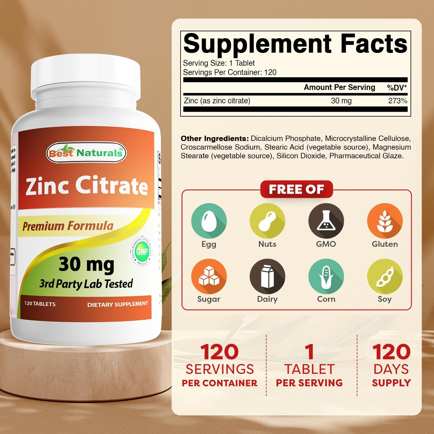 Best Naturals Zinc Citrate 30 Mg - Immune Support - 120 Tablets image number 4