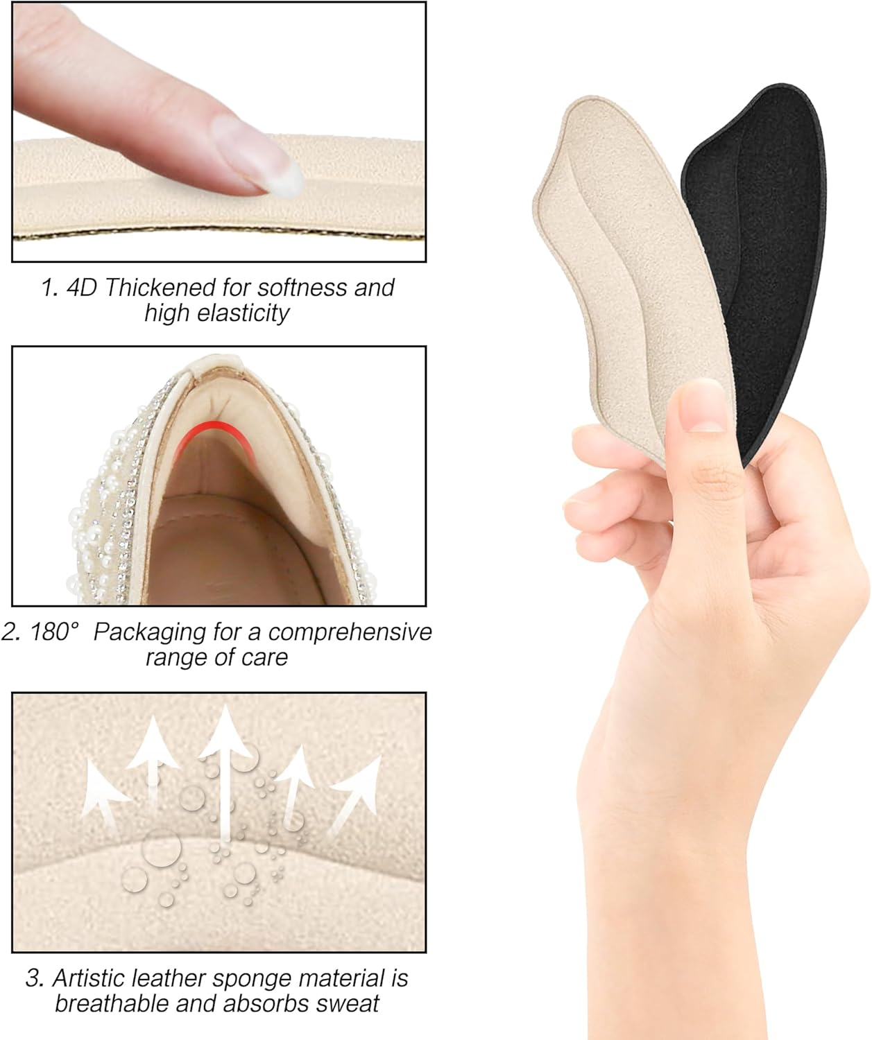 8Pieces Heels Grip Liner | Leather Heel Cushion Pads Back of Heel Protectors Cushions | Self-Adhesive Foot Care Protectors | Heel Pads Snugs for Shoe Too Big Men Women, Filler Improved Shoe Fit and Comfort image number 3