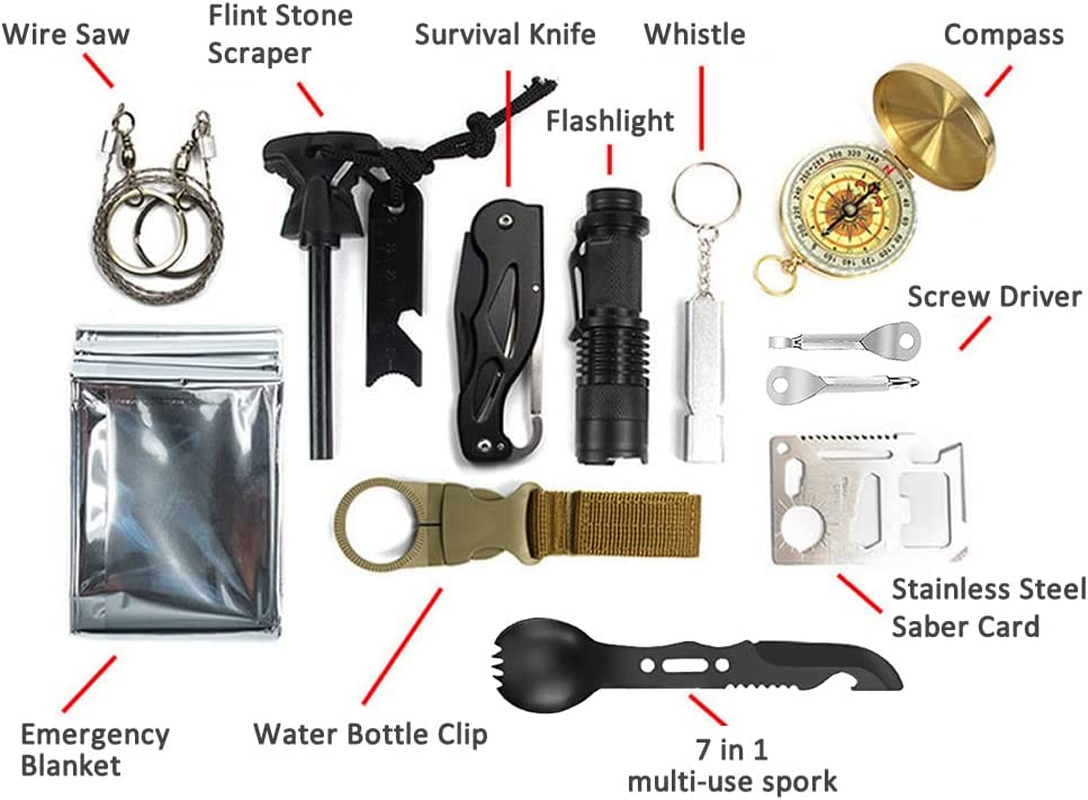 Survival Kit,13 in 1 Survival Gear and Equipment, First Aid Kit with Survival Emergency Knife Blanket Flashlight Compass Multispork Whistle Screwdriver for Camping Adventures image number 5