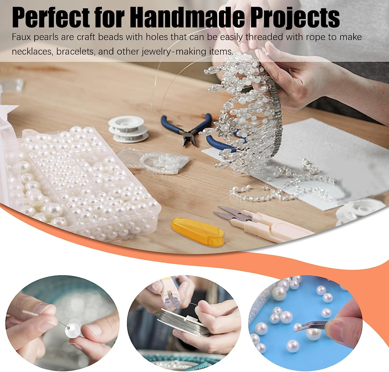 Tanstic 803Pcs White Pearl Beads Kit, 4Mm 6Mm 8Mm 10Mm 12Mm Ivory Pearl Craft Beads with Hole, round Loose Pearls with Tweezer, Crystal String and Scissor for Jewelry Making DIY Crafts image number 6