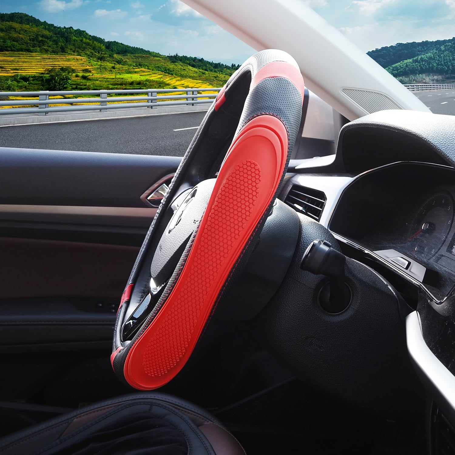 Nappa Leather Car Steering Wheel Cover, anti Slip, Thin, Breathable, Odor-Free, Universal 14.5-15 Inches Fit, Car Steering Wheel Cover Full Surround Aeecssories (Red-Microfiber Leather) image number 3