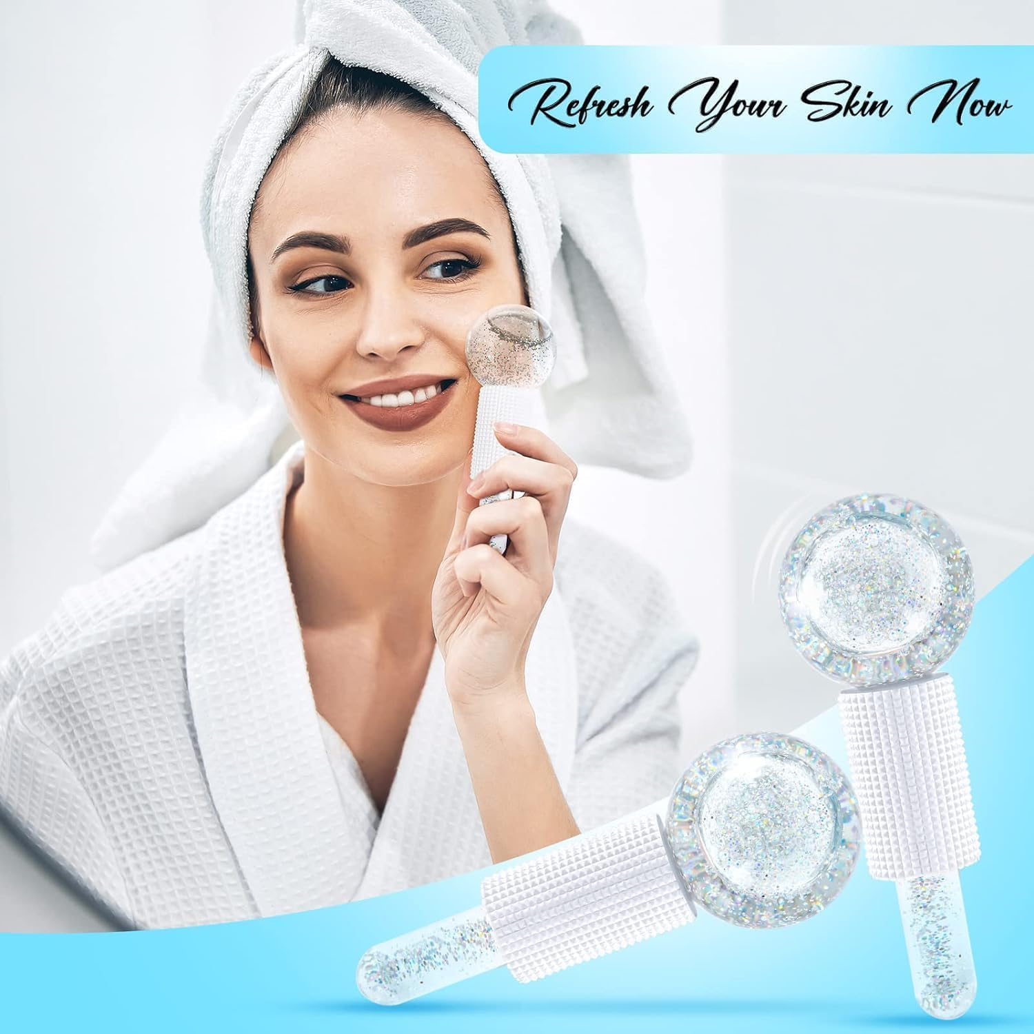 Ice Globes for Face - 2PCS Unbreakable Ice Roller for Face & Eyes, Skin Tightening & Anti-Aging&ndash;Perfect Ice Globes for Reduction of Puffiness & Wrinkles of Face, Neck & Eyes, Glitter White image number 6
