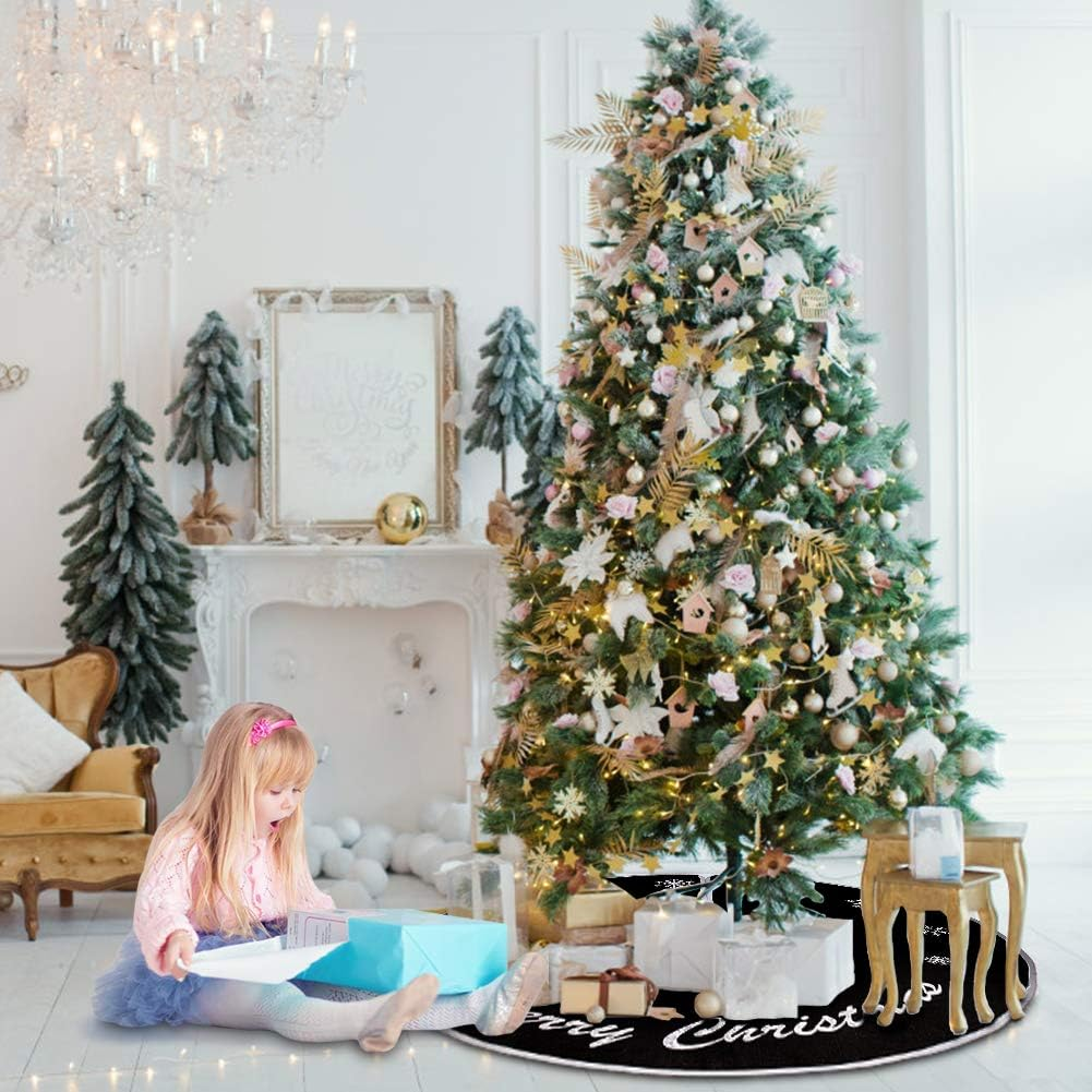 HOHOTIME Burlap Christmas Tree Skirt, 30 Inch Black Tree Skirt with White Snowflakes and Merry Christmas Words, for Xmas Holiday Home Decoration