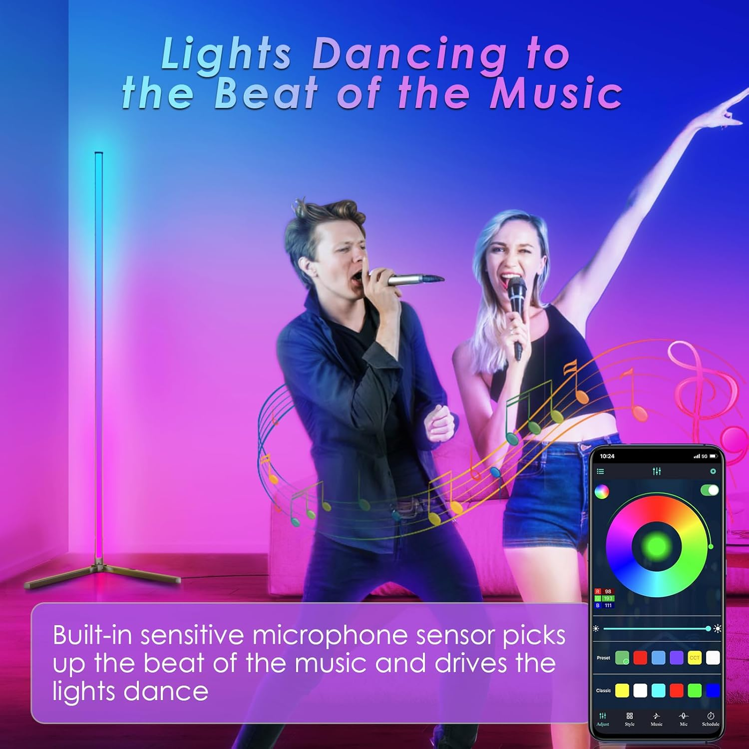 Modern 65&rdquo; LED Corner Floor Lamp with RGB Music Sync, Remote & App Control, 16M DIY Modes, Timer Setting, Black Aluminium