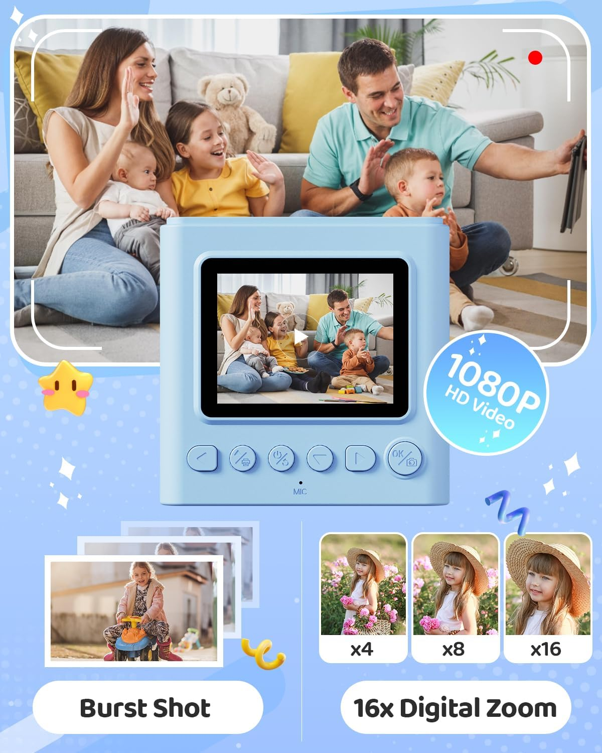 Kids Instant Print Camera, Christmas Birthday Gifts for Girls and Boys, 1080P HD Video Digital Kids Camera with Print Paper & 32G Card, Toddler Toy for 3-14 Years Old (Blue) image number 5