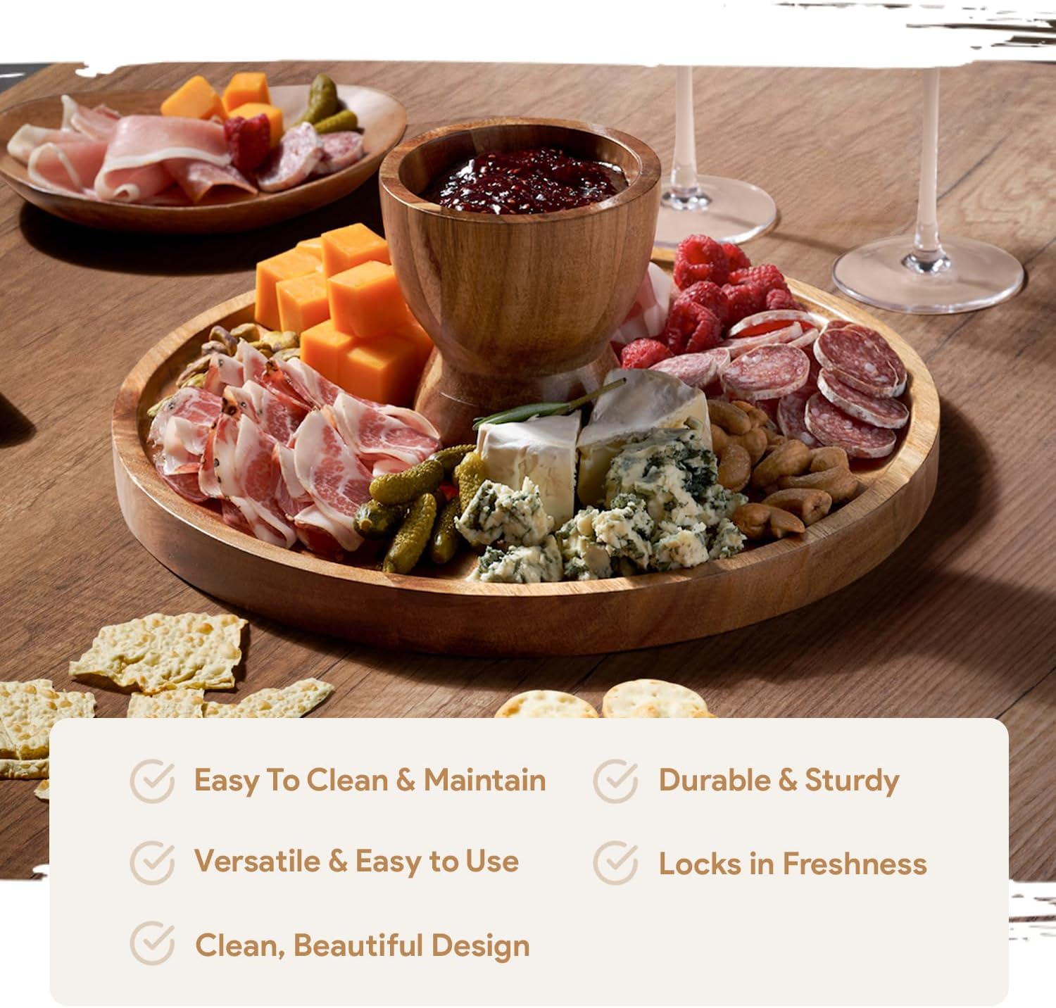 Acacia Wood Cake Stand with Lid - 12In round Cake Holder, 2-In-1 Dessert Table Display Set & Charcuterie Board for Cheese, Chips & Dips, Nachos, Fruit Platter, Large Acrylic Cake Dome Cover image number 4