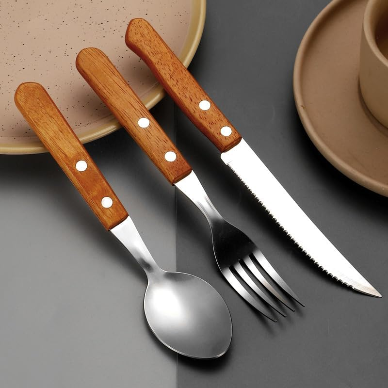 Cutlery Sets of 3, Dinner Spoons, Knife and Fork Set, Stainless Steel with Wooden Wide Handles, Flatware Set Tableware Dinnerware image number 6