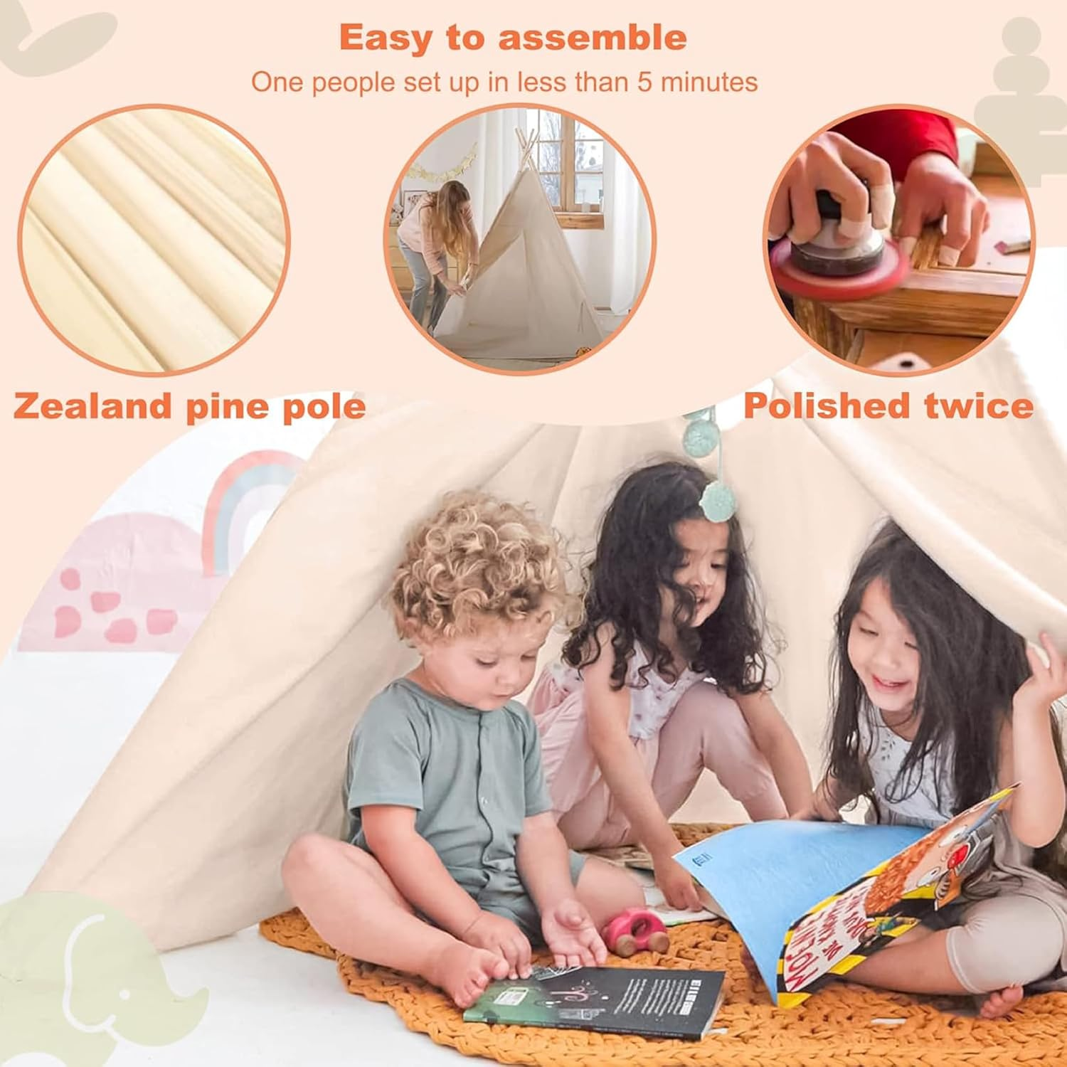 Teepee Tent for Kids, Foldable Toddler Teepee for Children Boys & Girls Indoor and Outdoor, 119 * 119 * 152Cm image number 2