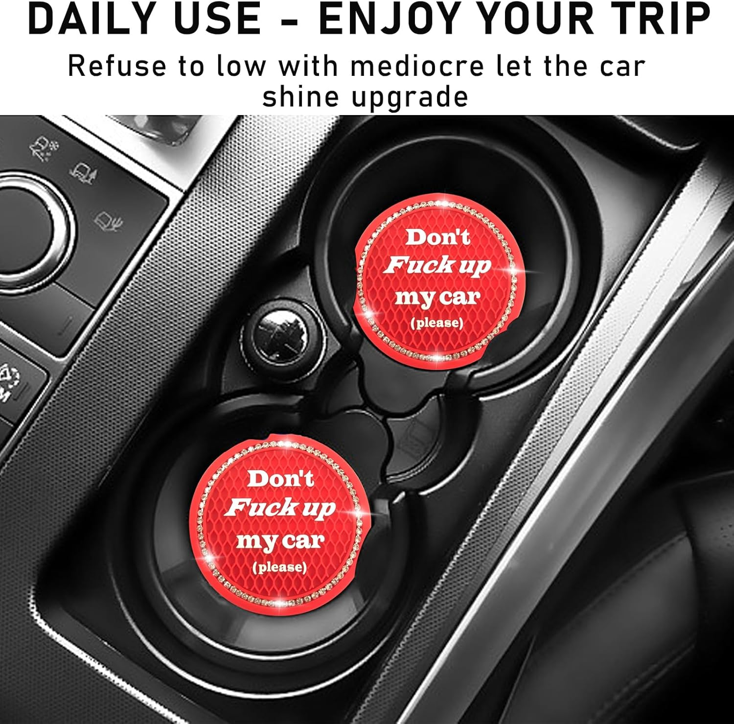 Kewucn 2 Pack Bling Car Cup Holder Coasters, 2.77 Inch Anti-Slip Soft Rubber Crystal Rhinestone Auto Cup Insert Pad, Universal Vehicle Interior Decor Accessories for Car SUV Truck (Red) image number 5