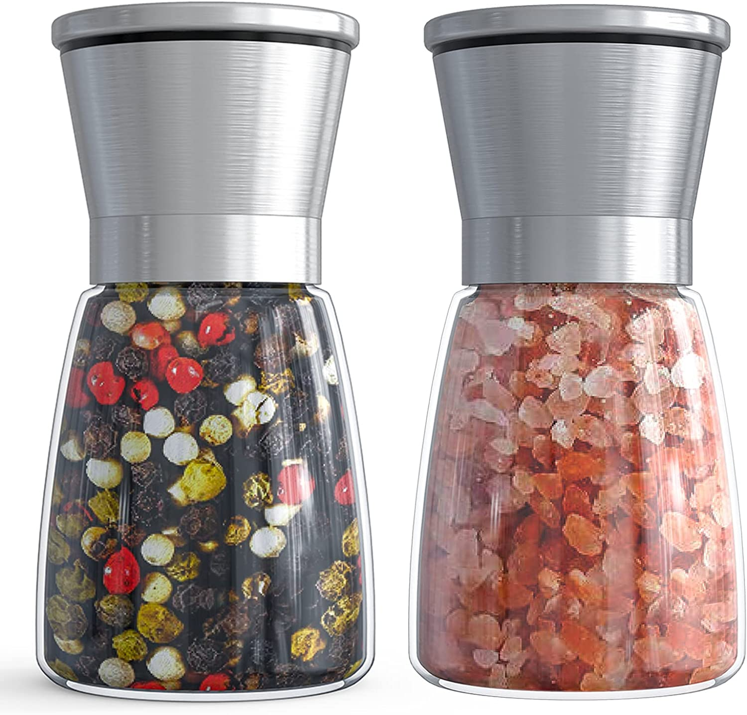 Salt and Pepper Grinder Set - Refillable Grinder Adjustable Coarseness of Pepper Salt Spice Stainless Steel Mills Glass 6Oz（2 Pack）
