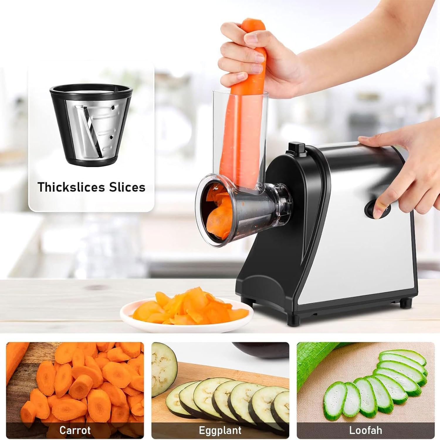 Electric Cheese Grater, 250W Multifunctional Electric Vegetable Cutter Slicer, 5 in 1 Electric Grater with Large Direct Inlet and 5 Different Blades for Vegetables Block Cheese and Fruits image number 3