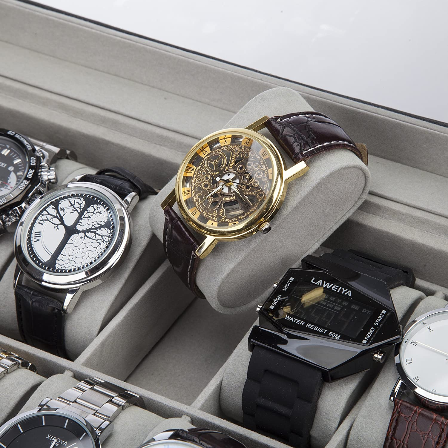 Readaeer Black Leather Watch Box Jewelry Display Case with Drawers, Jewelry Box (12 Slots with 2 Layers)