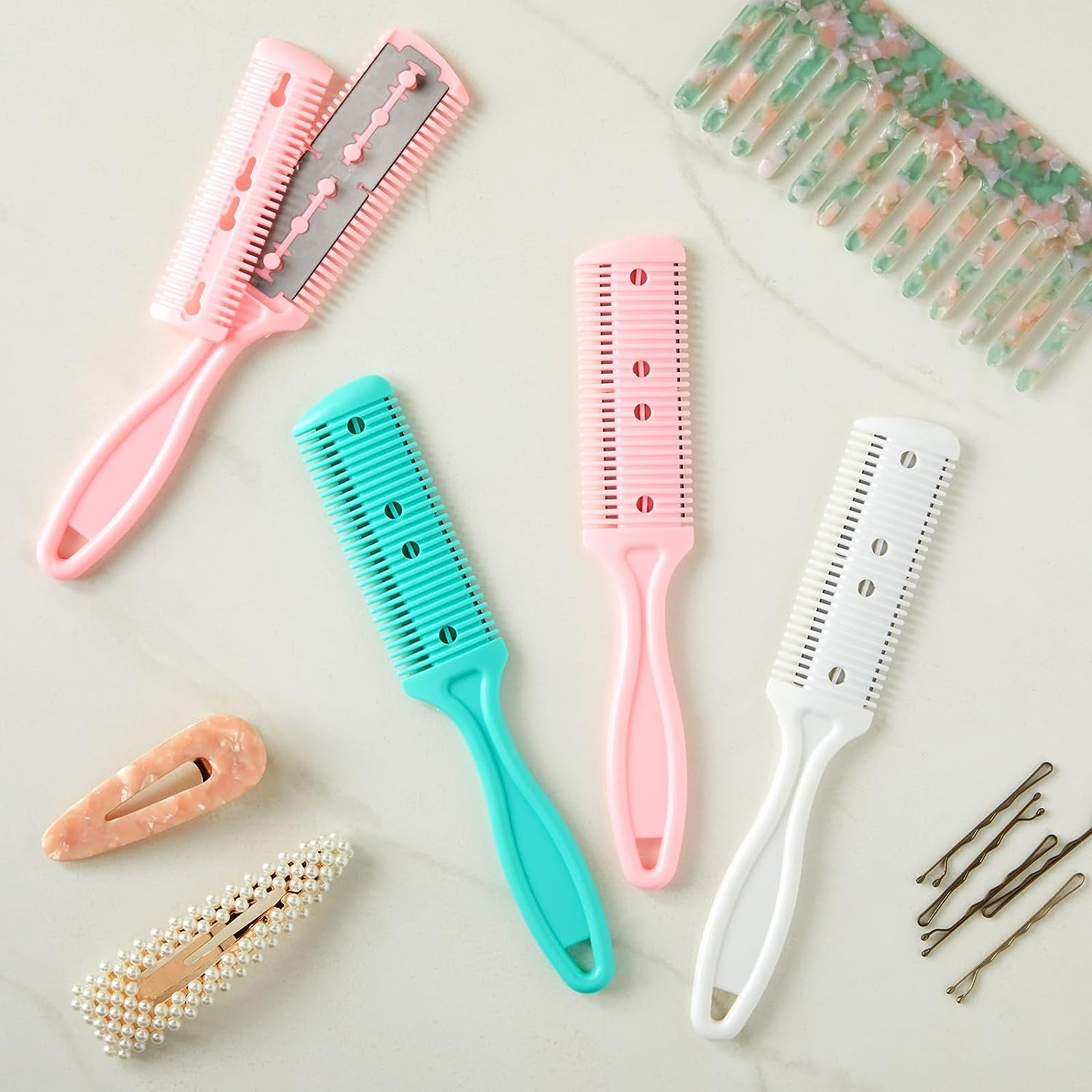 Glamlily 4 Pack Hair Thinning Comb Set, Razor Combs for Women (Assorted Colors, 7.1X1.2 Inches) - Split Ends Hair Trimmer image number 1