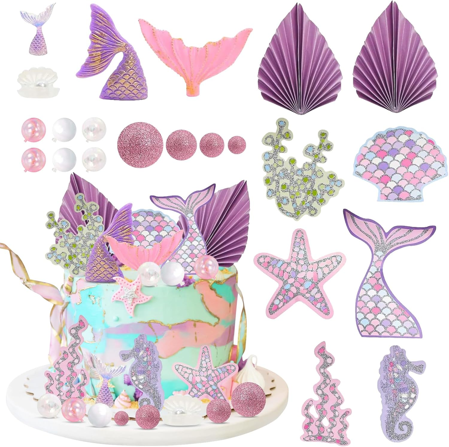 22 Pcs Mermaid Cake Topper, Mermaid Theme Cake Decorations Tail Starfish Seaweed Shell Seahorse Bubble Palm Leaf Cupcake Picks for under the Sea Theme Baby Shower Birthday Party image number 4