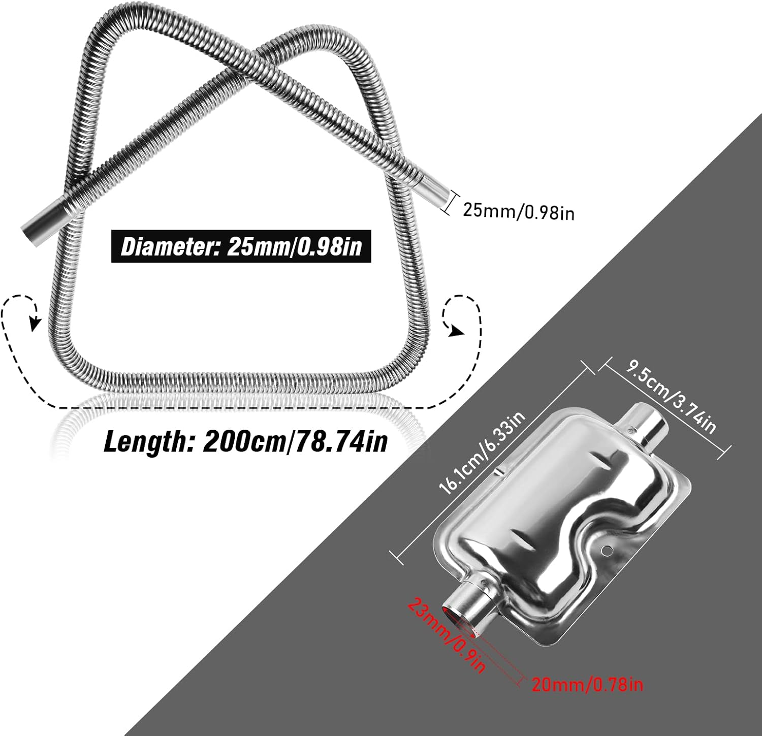 200Cm/78" Diesel Heater Exhaust Pipe with Muffler and Clamps, 1"/2.5Cm Stainless Steel Parking Air Heater Generator Hose, Fuel Tank Diesel Gas Vent Hose image number 4
