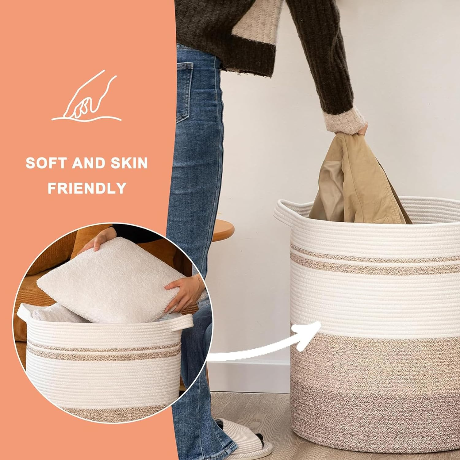 Woven Cotton Rope Laundry Storage Basket with Handles, round Hamper for Pillow, Clothes, Blanket,Toys, 45 * 45 * 50Cm White Yellow image number 1