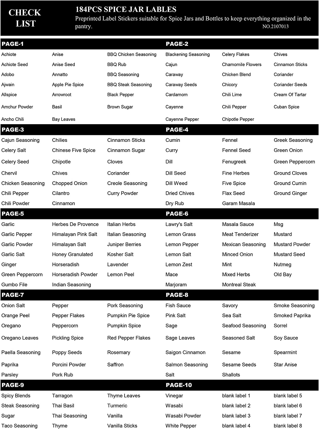 184 Spice Jar Labels, Prefdo Minimalist Preprinted White Sticker Black Text, Waterproof Seasoning Label Stickers for Pantry Spice Organization（White） image number 1