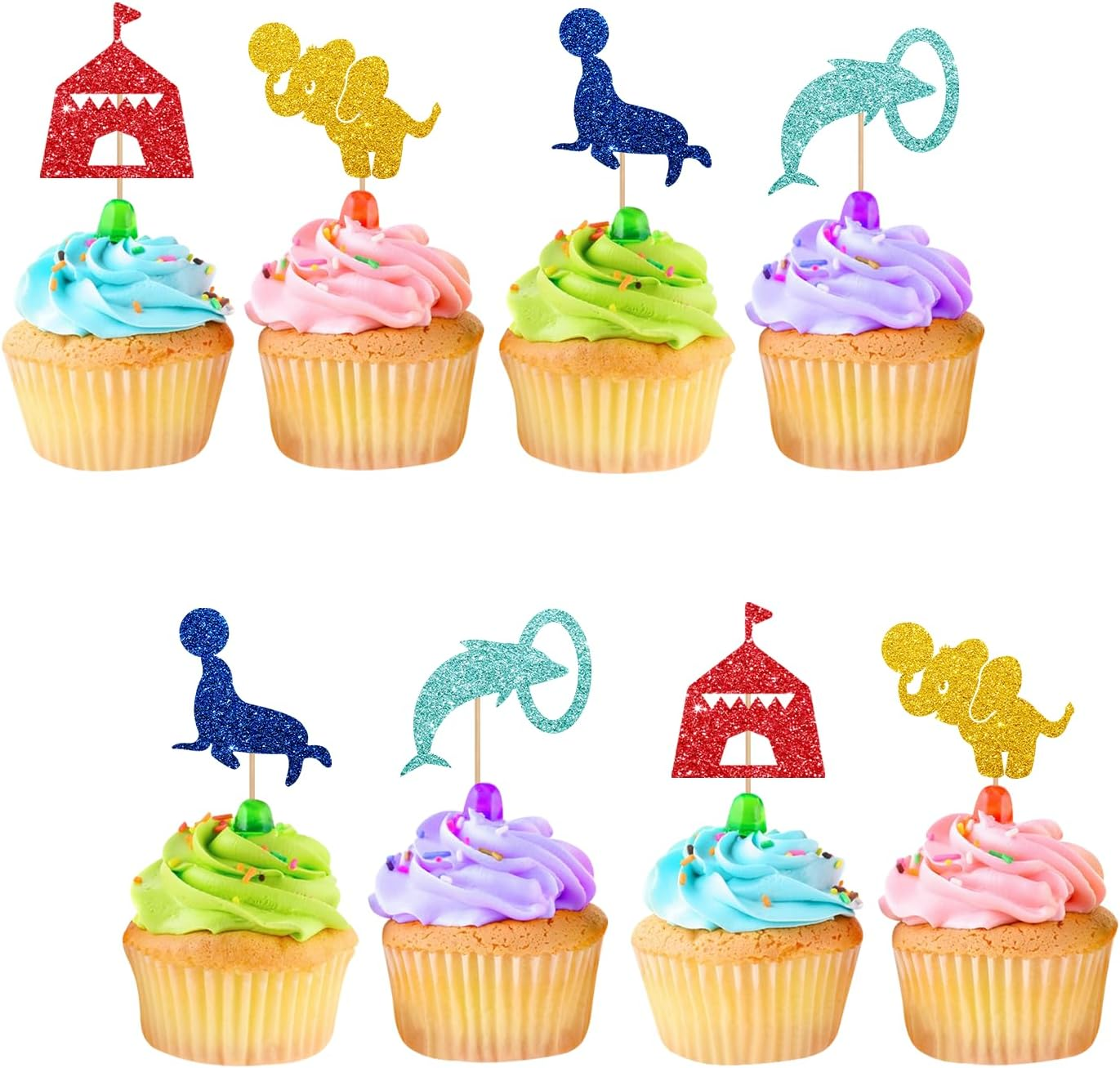 24Pcs Circus Cupcake Toppers, Circus Animal Cupcake Toppers, Colorful Glitter Carnival Cake Decoration for Kids, Carnival Themed Baby Shower/Birthday Party Supplies image number 3