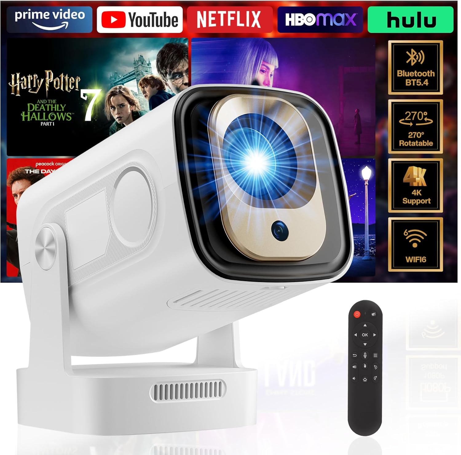 Advwin Mini Projector 4K Support, Full HD 1080P Portable Video Projector, with Dual Band Wifi 6 BT5.4, 200 ANSI, 270&deg; Rotatable, Auto Focus & Keystone, 130" Movie Projector for Phone/Windows/Hdmi