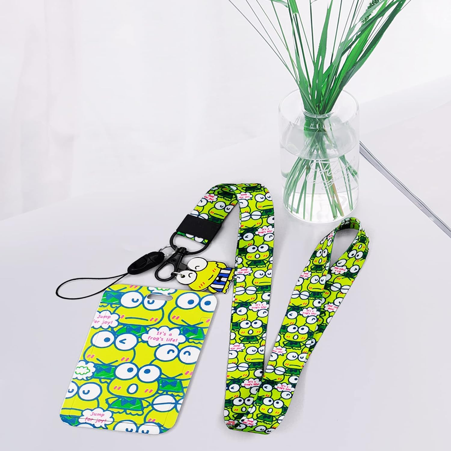 Keroppi ID Badge Holder with Lanyard,Anime Lanyard with Cute ID Card Holder,Yellow Frog Neck Lanyard Keys Badges, Rubber Charm Pendant Key Chain Keychains image number 5